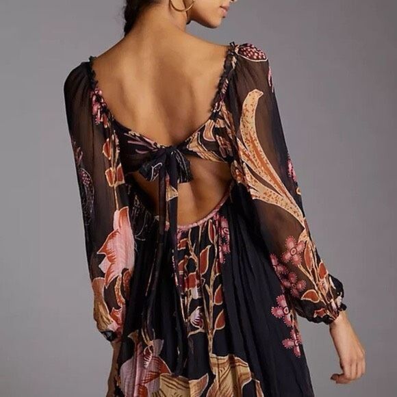 Anthropologie Let me Be Lined Babydoll Tie Back Black Floral Mini Dress XS - Picture 3 of 14